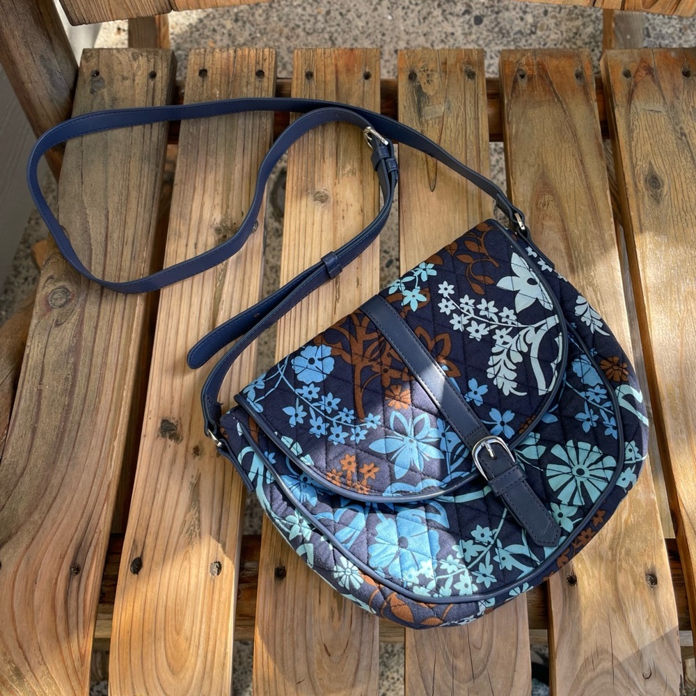 Vera Bradley Blue Brown  Crossbody Purse Quilted Java Floral Saddle Bag